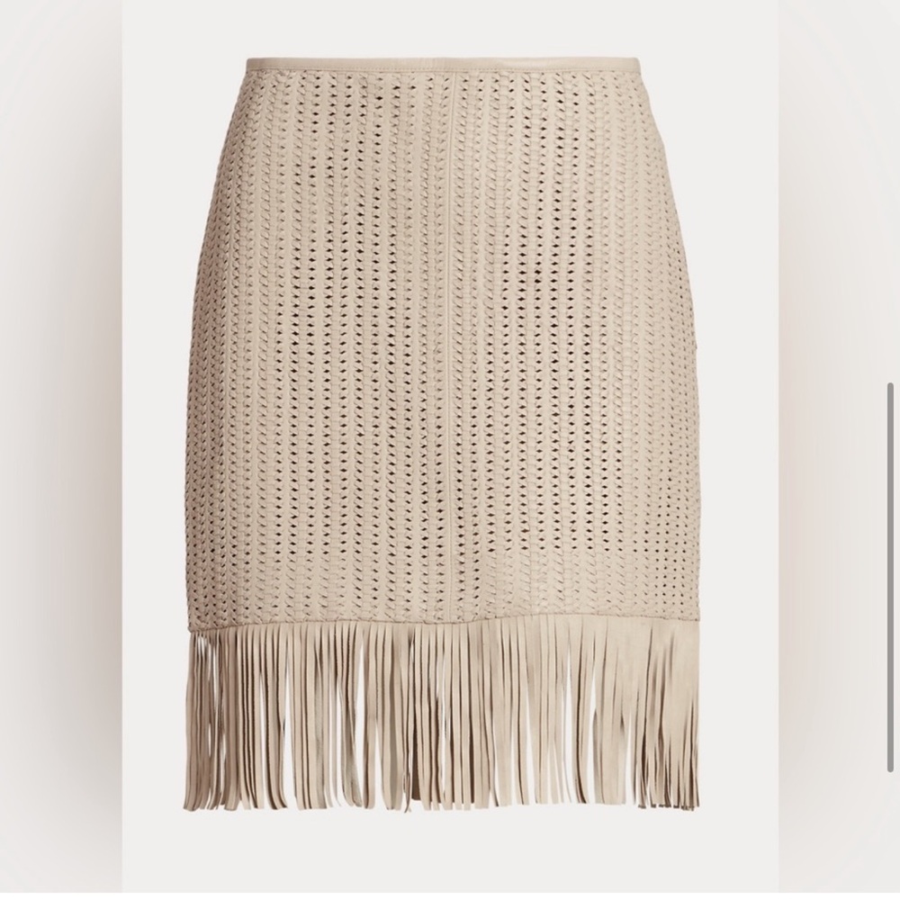 $595 NWT Ralph Lauren Fringe Trim Leather Woven Skirt Beige Leather size… - Picture 5 of 5